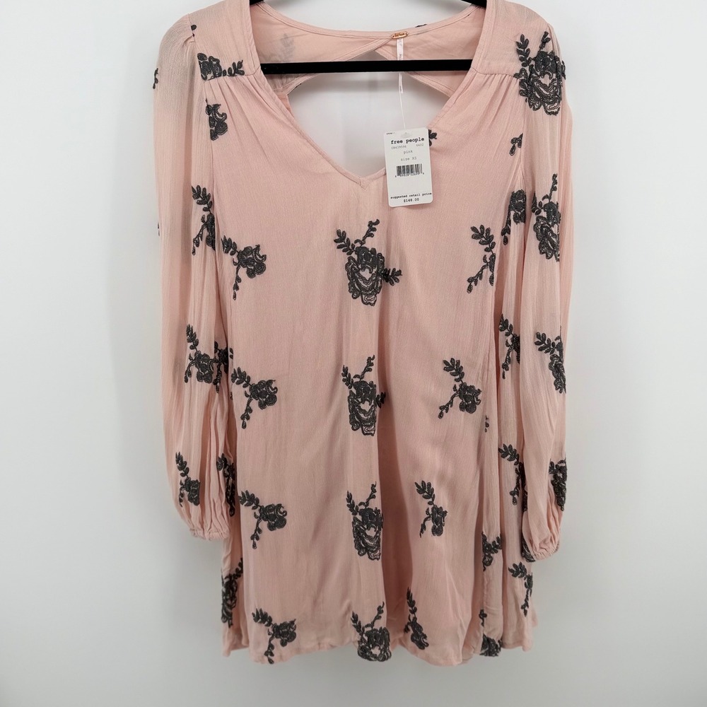 Free People Emma Embroidered Mini Dress Pink XS NWT‎ Boho Open Back